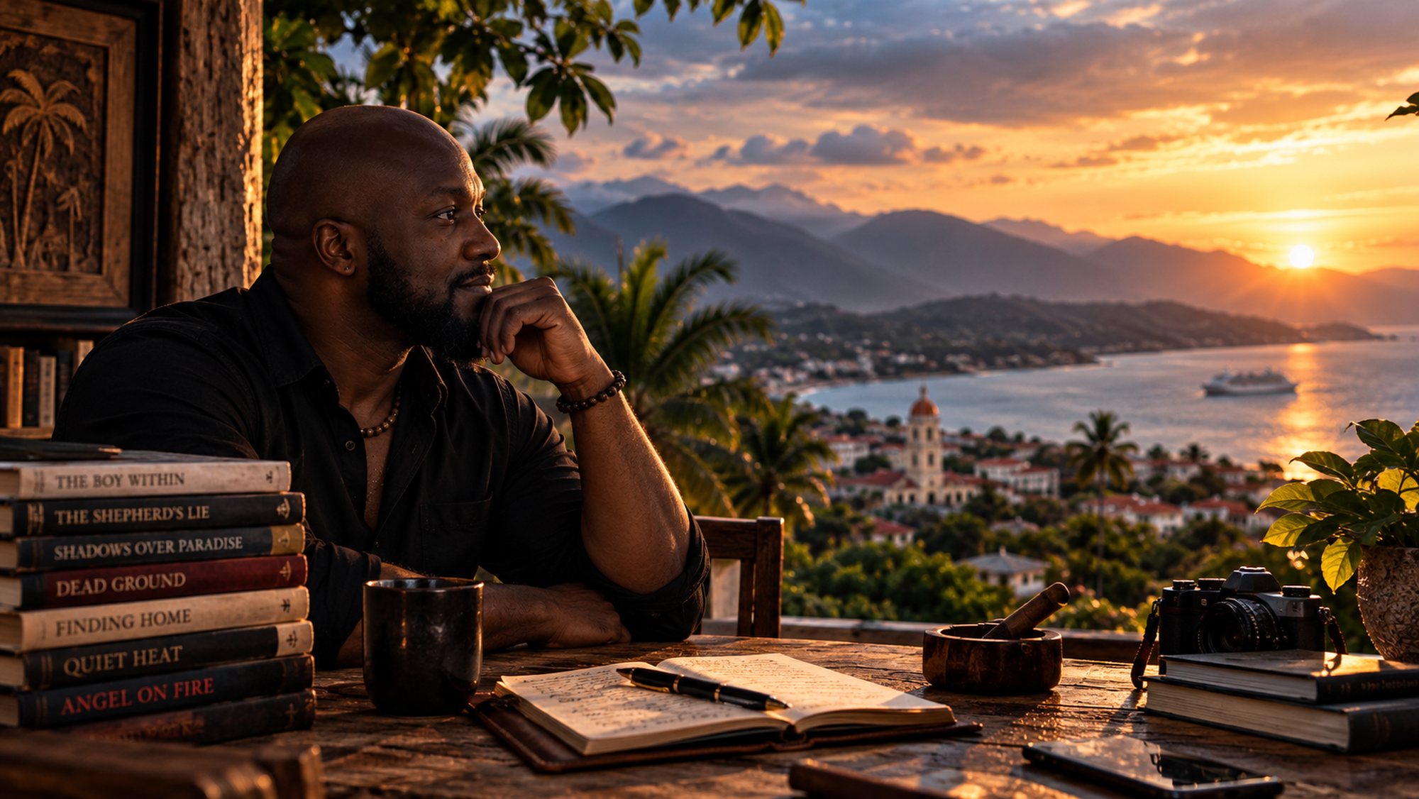 Jamaal Russell at a table above Puerto Plata at sunset, his novels stacked beside him