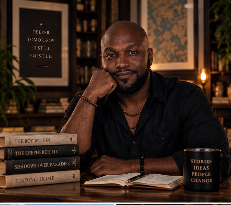 Jamaal Russell at a desk with his books
