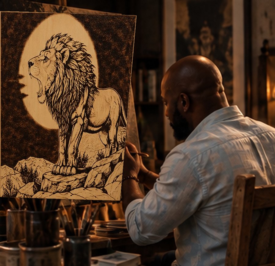 Jamaal Russell at the bench working on a burned lion panel