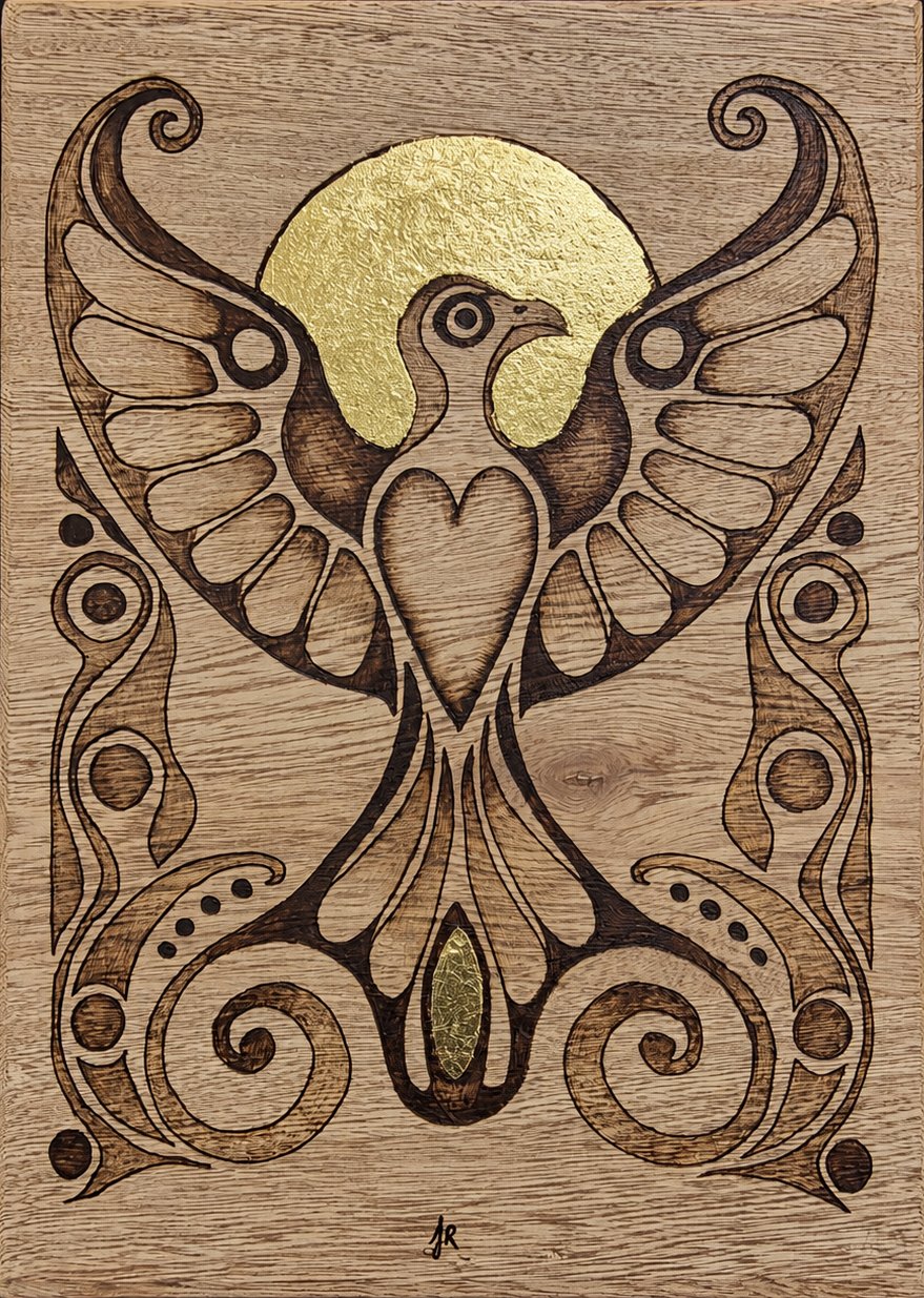 Wood-burned dove on oak with outspread wings and a heart-shaped body, a gold-leaf circle behind its head, a small gold-leaf mark below, and mirrored scrollwork on both sides.