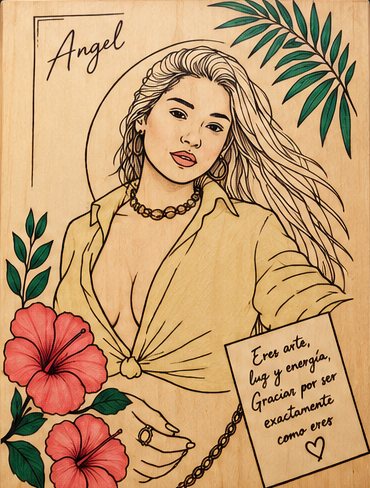 A hand-tinted portrait with hibiscus and palm, lettered Angel