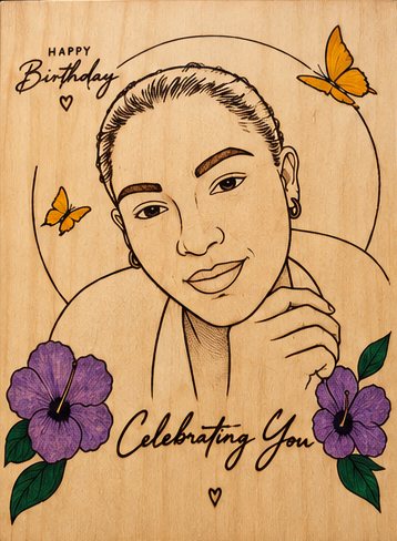 A portrait with butterflies and purple hibiscus, lettered Celebrating You