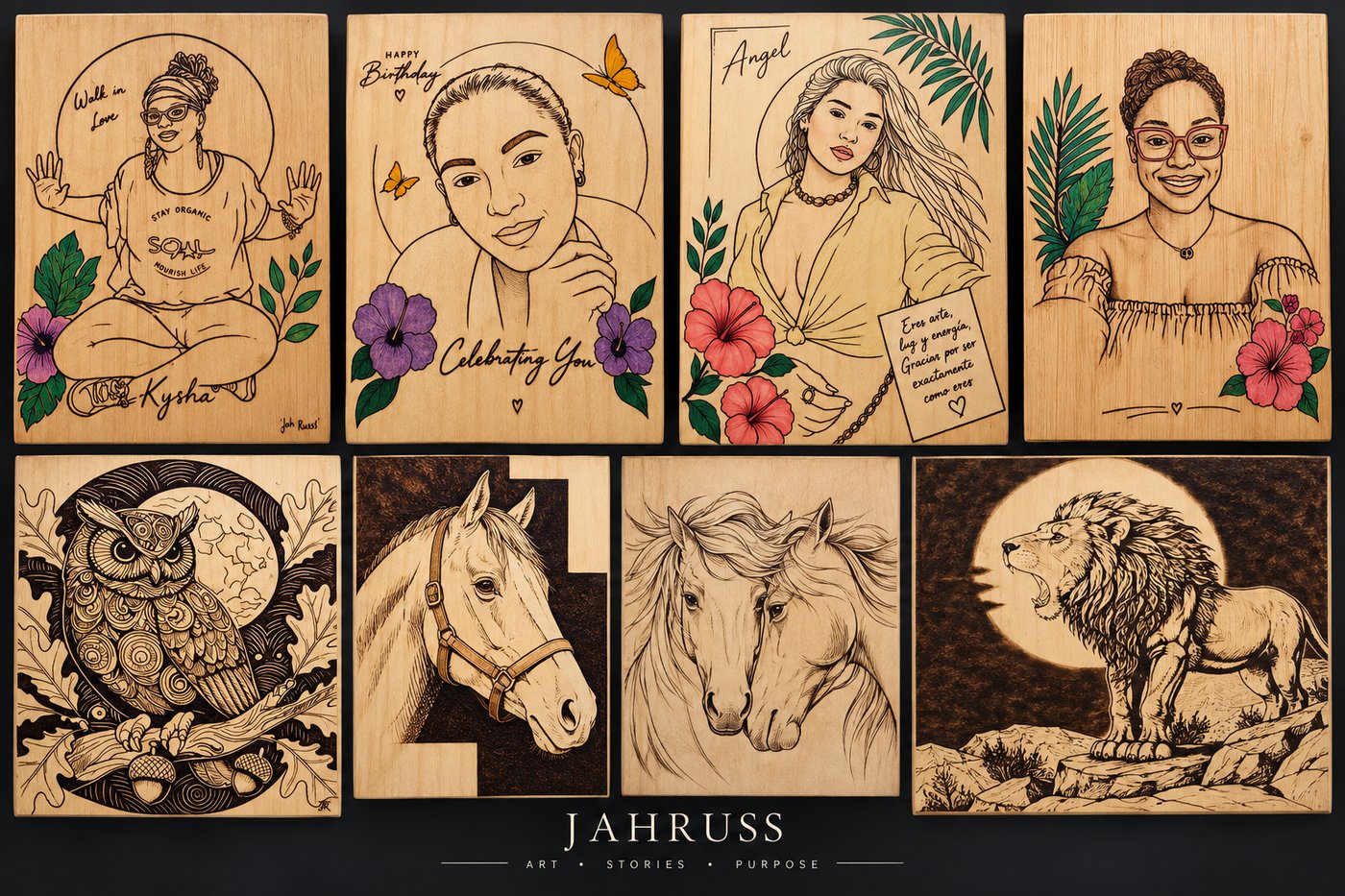 Eight finished pyrography panels arranged in a grid