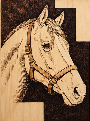 A horse in a halter against a deep burned background