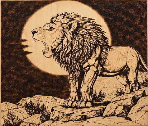 A roaring lion on rock beneath a full moon