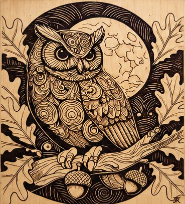 A detailed owl on an oak branch before a full moon