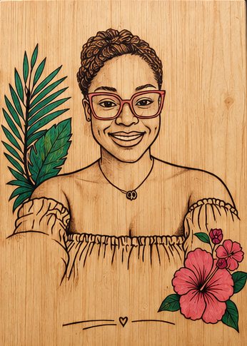 A smiling portrait with palm fronds and red hibiscus