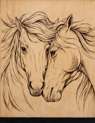 Two horses resting their heads together, burned in fine line