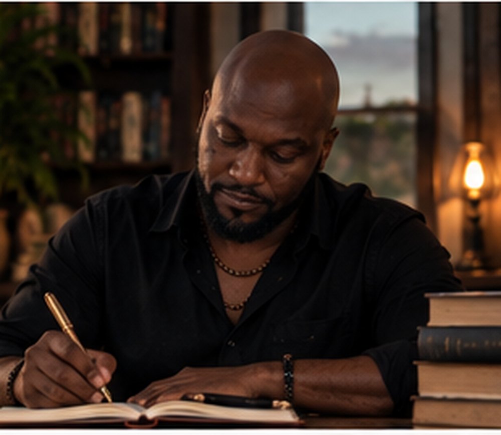 Jamaal Russell writing by lamplight